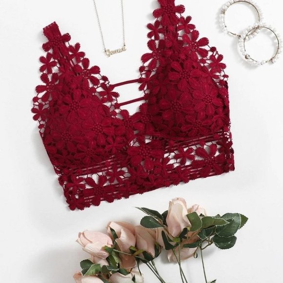 Red Casual Womens Guipure Lace Longline Bralette - Picture 1 of 5